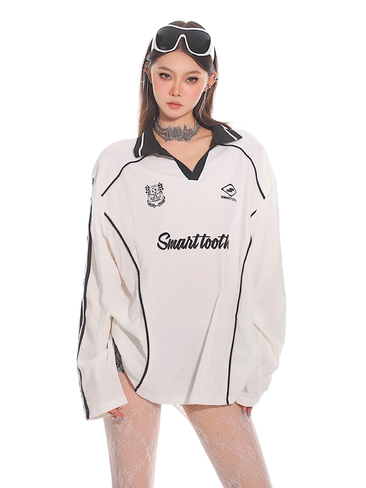 Casual Long Sleeve Polo Sweatshirt for Women - 2025 Early Spring American Street Style, Loose Fit, Sporty Top Casual Long Sleeve Polo Sweatshirt for Women - 2025 Early Spring American Street Style, Loose Fit, Sporty Top