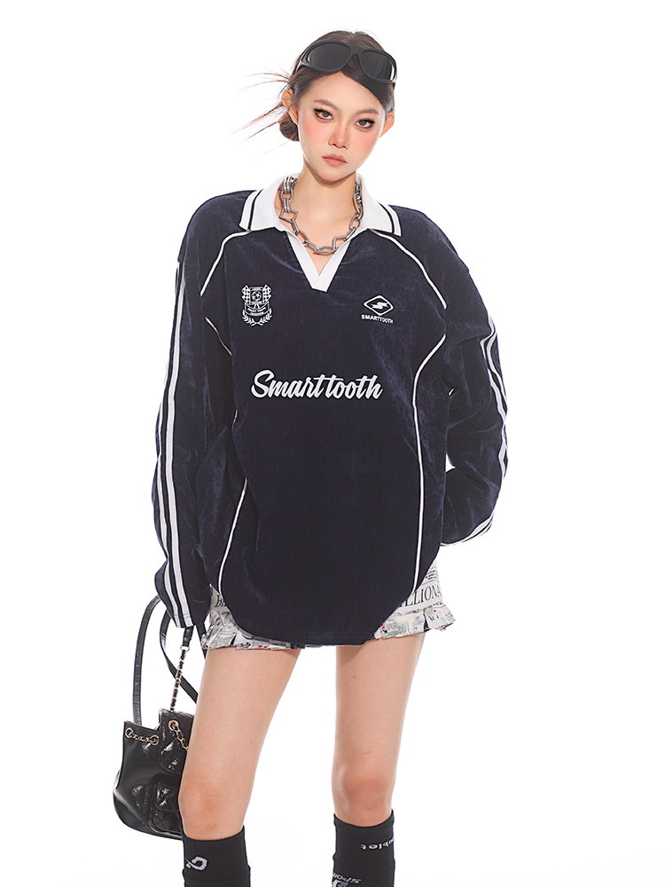 Casual Long Sleeve Polo Sweatshirt for Women - 2025 Early Spring American Street Style, Loose Fit, Sporty Top Casual Long Sleeve Polo Sweatshirt for Women - 2025 Early Spring American Street Style, Loose Fit, Sporty Top