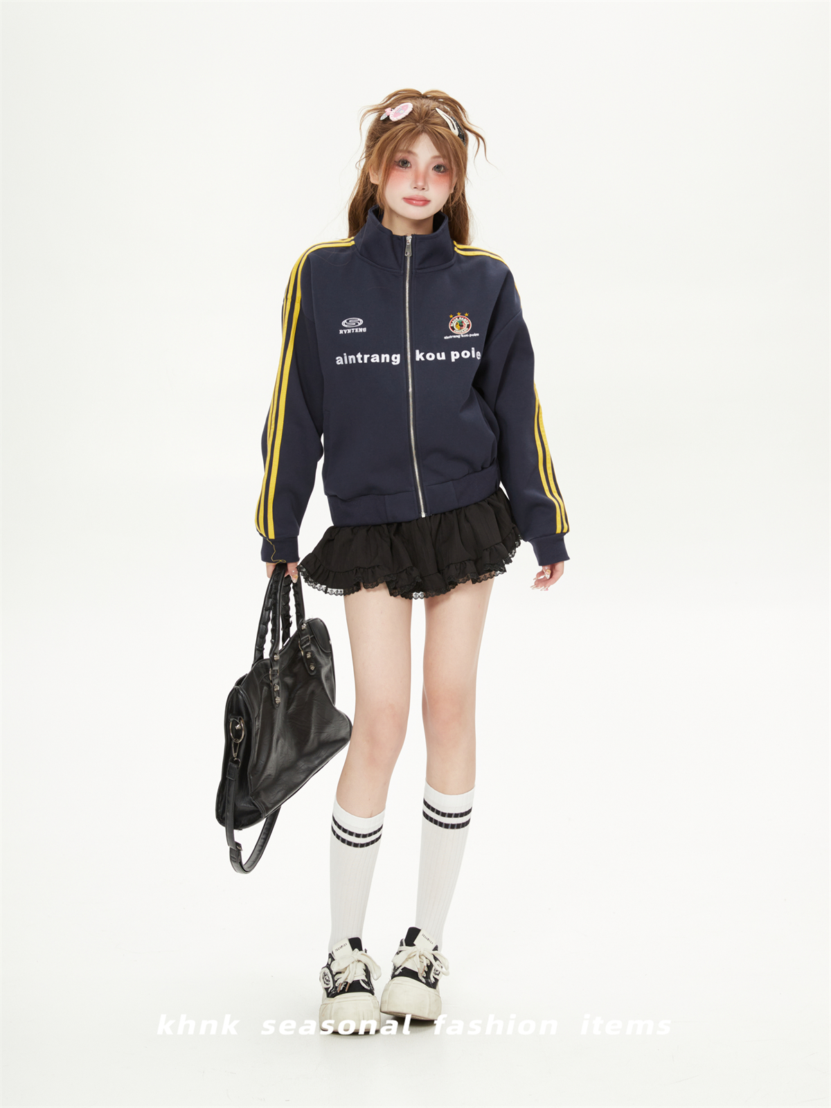 Casual Sea Salt Blue Striped Embroidered Short Cardigan Sweatshirt for Women - Trendy Korean Style Spring Autumn Jacket