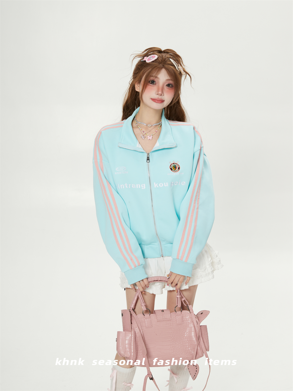 Casual Sea Salt Blue Striped Embroidered Short Cardigan Sweatshirt for Women - Trendy Korean Style Spring Autumn Jacket