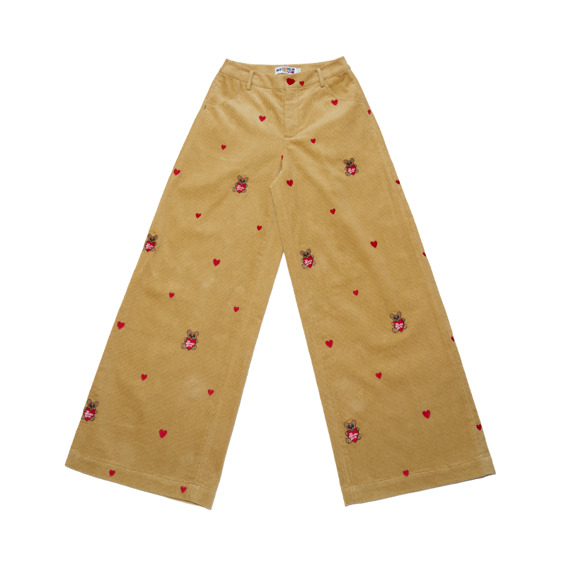 Casual Wide-Leg Corduroy Pants with Embroidered Heart Bear Design - Trendy Street Style for 90s and Y2K Fashion Casual Wide-Leg Corduroy Pants with Embroidered Heart Bear Design - Trendy Street Style for 90s and Y2K Fashion