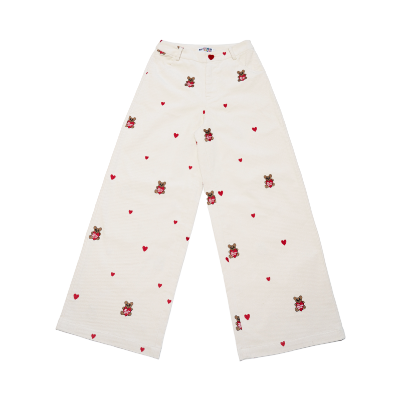 Casual Wide-Leg Corduroy Pants with Embroidered Heart Bear Design - Trendy Street Style for 90s and Y2K Fashion