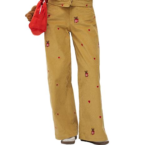 Casual Wide-Leg Corduroy Pants with Embroidered Heart Bear Design - Trendy Street Style for 90s and Y2K Fashion Casual Wide-Leg Corduroy Pants with Embroidered Heart Bear Design - Trendy Street Style for 90s and Y2K Fashion
