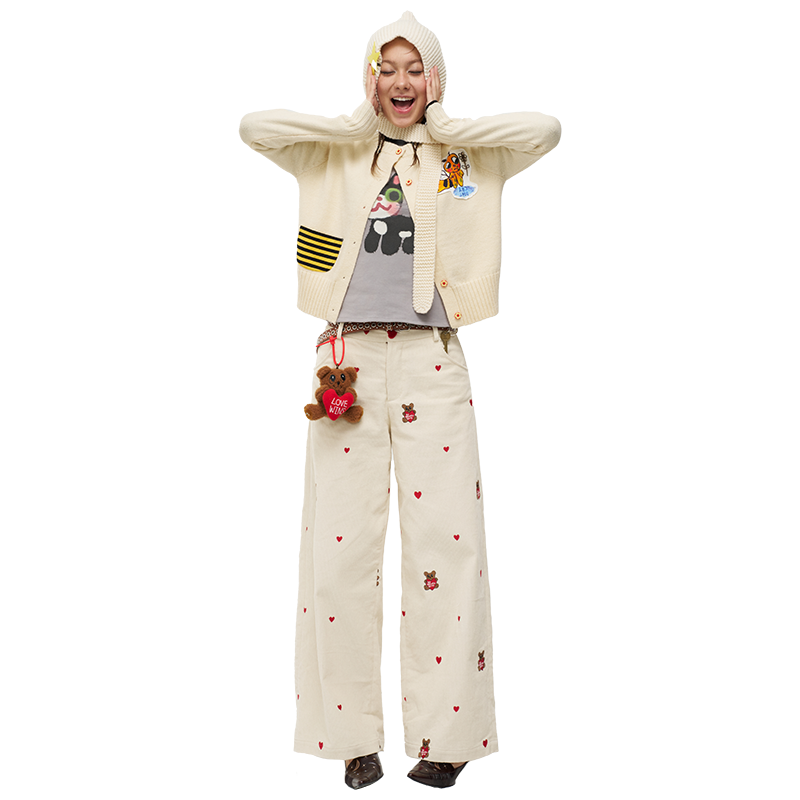 Casual Wide-Leg Corduroy Pants with Embroidered Heart Bear Design - Trendy Street Style for 90s and Y2K Fashion