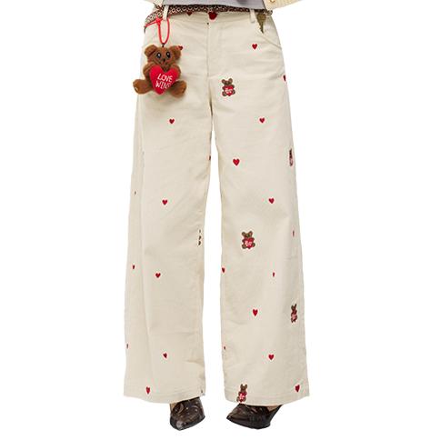 Casual Wide-Leg Corduroy Pants with Embroidered Heart Bear Design - Trendy Street Style for 90s and Y2K Fashion Casual Wide-Leg Corduroy Pants with Embroidered Heart Bear Design - Trendy Street Style for 90s and Y2K Fashion