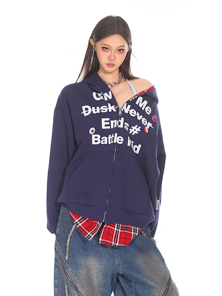 Casual Women's Zip-Up Jacket - American Style Plaid Spliced Two-Piece Sweatshirt Cardigan for Autumn Fashion