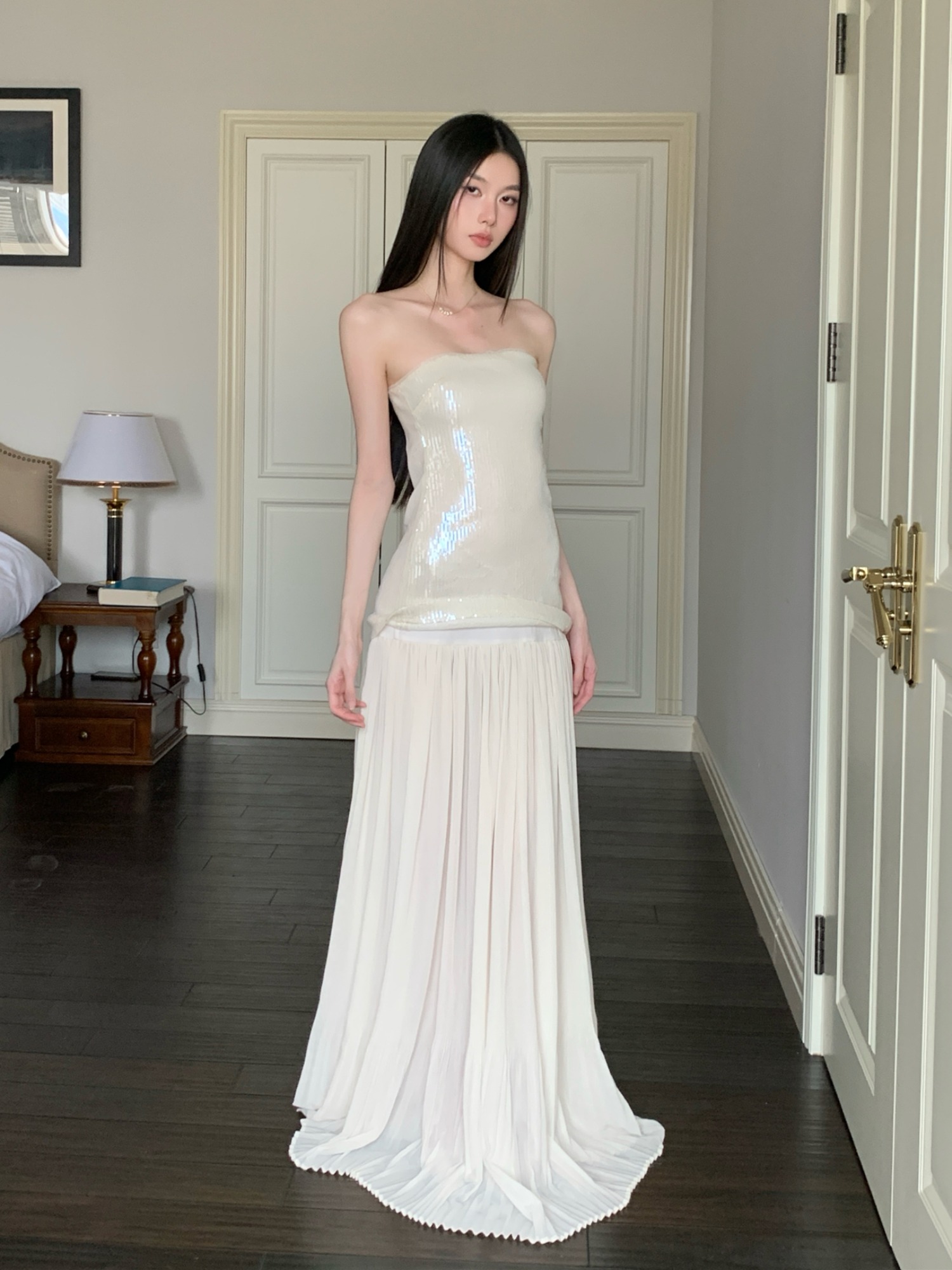 Celebrity-Inspired Strapless Sequin Long Dress with Tulle Skirt - Feminine Floor-Length Summer Beach Vacation Bodycon Style