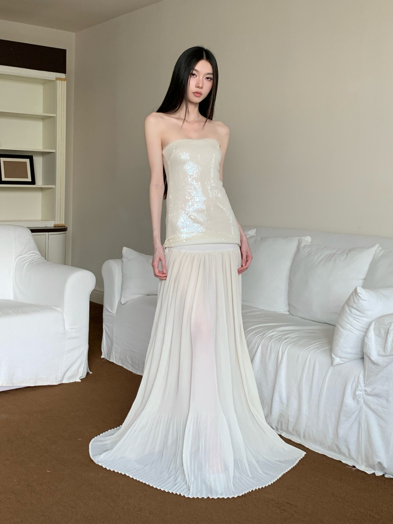 Celebrity-Inspired Strapless Sequin Long Dress with Tulle Skirt - Feminine Floor-Length Summer Beach Vacation Bodycon Style