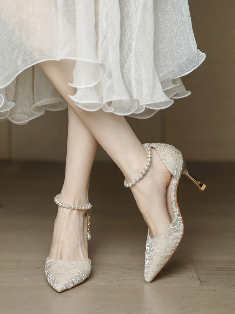 Champagne Open-Toe High Heels with One-Strap Pearl Design for Weddings & Bridesmaids, Summer 2025, Daily Wear, Elegant Style Champagne Open-Toe High Heels with One-Strap Pearl Design for Weddings & Bridesmaids, Summer 2025, Daily Wear, Elegant Style