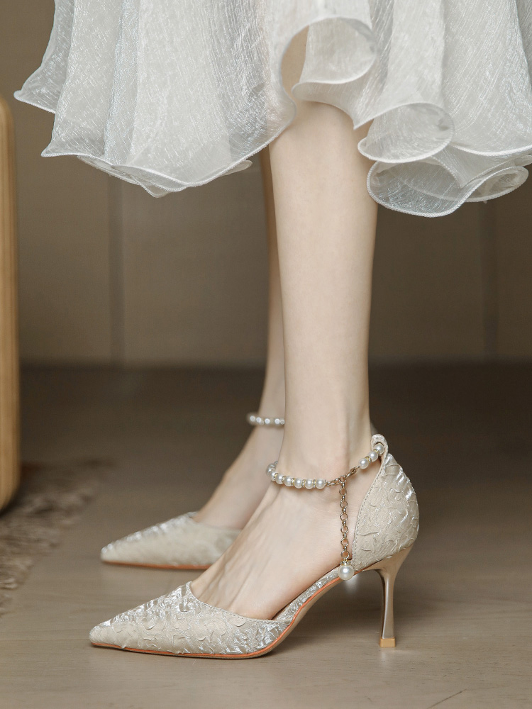 Champagne Open-Toe High Heels with One-Strap Pearl Design for Weddings & Bridesmaids, Summer 2025, Daily Wear, Elegant Style Champagne Open-Toe High Heels with One-Strap Pearl Design for Weddings & Bridesmaids, Summer 2025, Daily Wear, Elegant Style