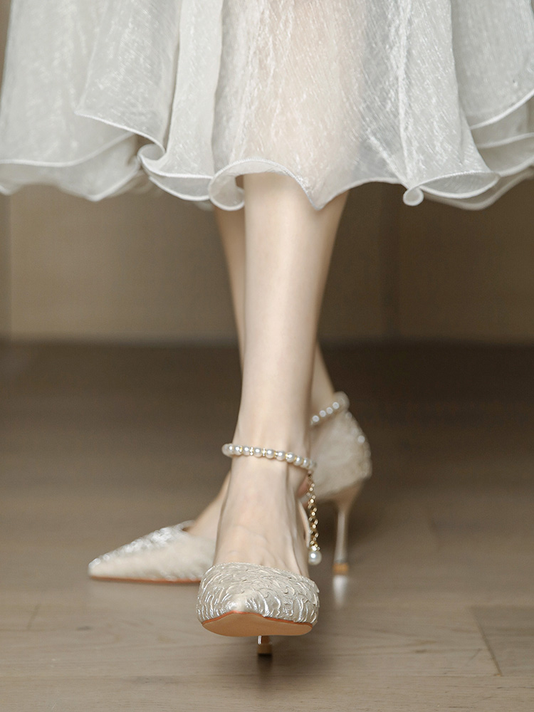 Champagne Open-Toe High Heels with One-Strap Pearl Design for Weddings & Bridesmaids, Summer 2025, Daily Wear, Elegant Style Champagne Open-Toe High Heels with One-Strap Pearl Design for Weddings & Bridesmaids, Summer 2025, Daily Wear, Elegant Style