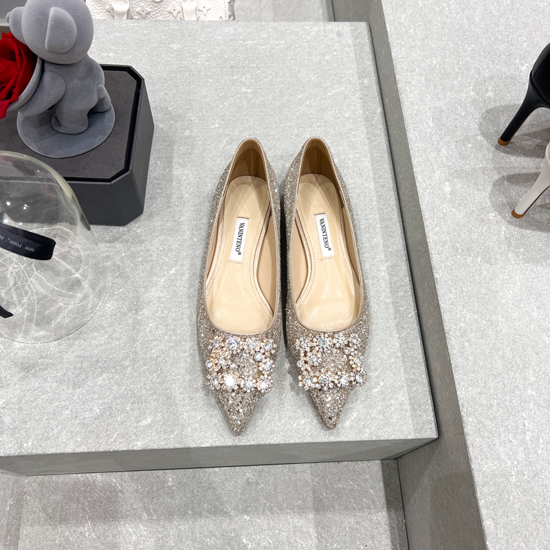 Champagne Rhinestone Square Buckle Sequin Flat Shoes - Elegant Shallow Pointed Design for Chic Style