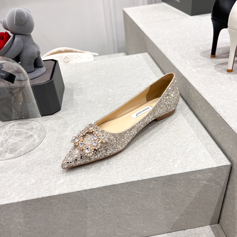 Champagne Rhinestone Square Buckle Sequin Flat Shoes - Elegant Shallow Pointed Design for Chic Style