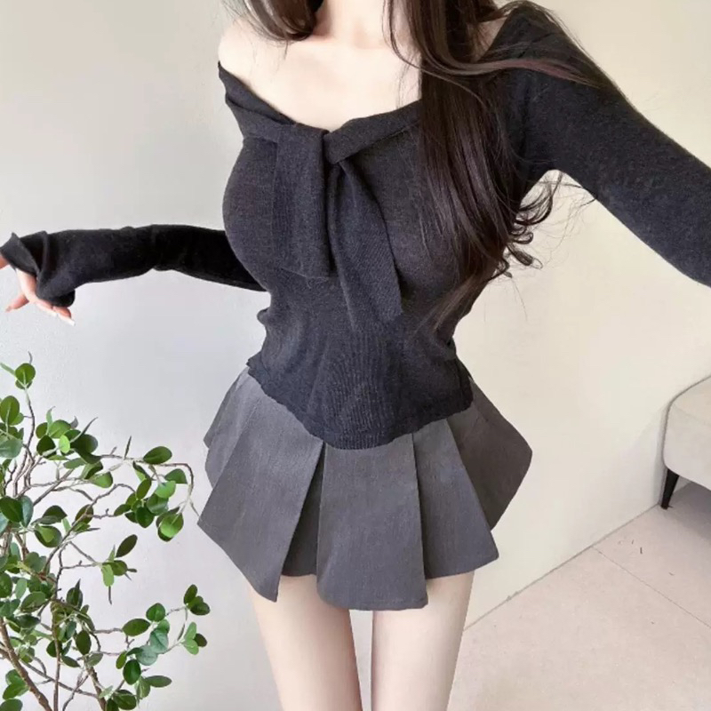 Charming Off-Shoulder Tie Slim-Fit Knitted Top for Women - Korean Style Cute and Sexy Fashion Essentials Charming Off-Shoulder Tie Slim-Fit Knitted Top for Women - Korean Style Cute and Sexy Fashion Essentials
