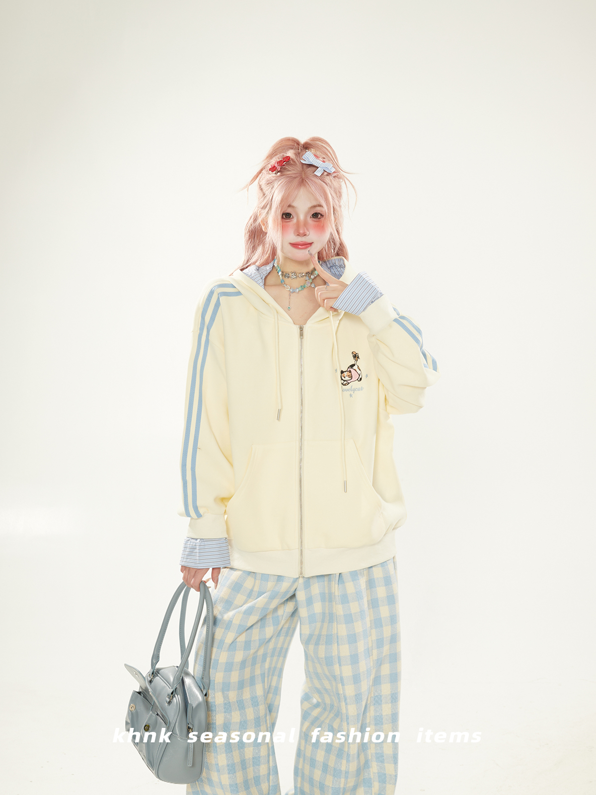 Charming Peach Cat Embroidery Hoodie Cardigan for Women - Spring Autumn Fake Two-Piece Coat, Cute and Stylish