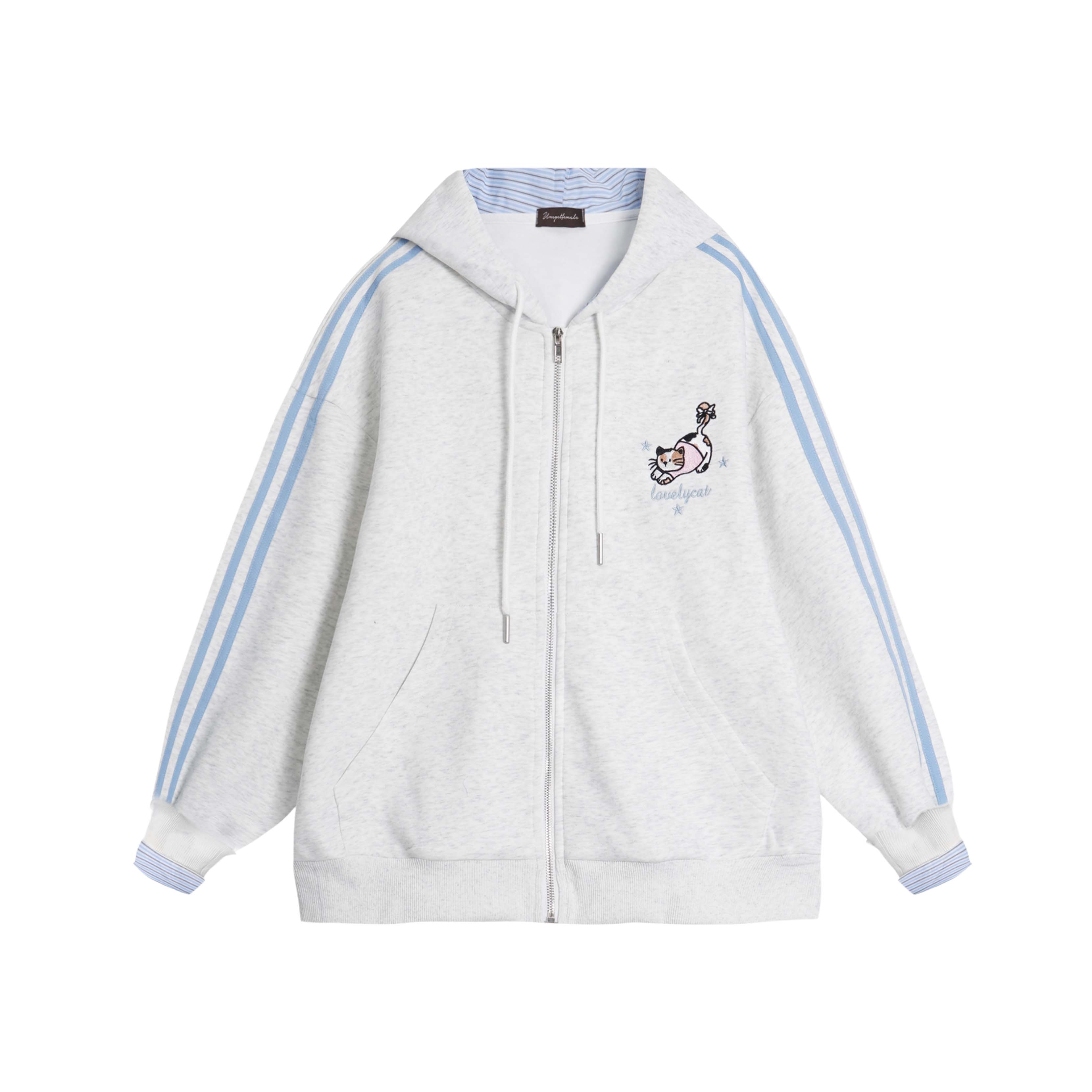 Charming Peach Cat Embroidery Hoodie Cardigan for Women - Spring Autumn Fake Two-Piece Coat, Cute and Stylish Charming Peach Cat Embroidery Hoodie Cardigan for Women - Spring Autumn Fake Two-Piece Coat, Cute and Stylish