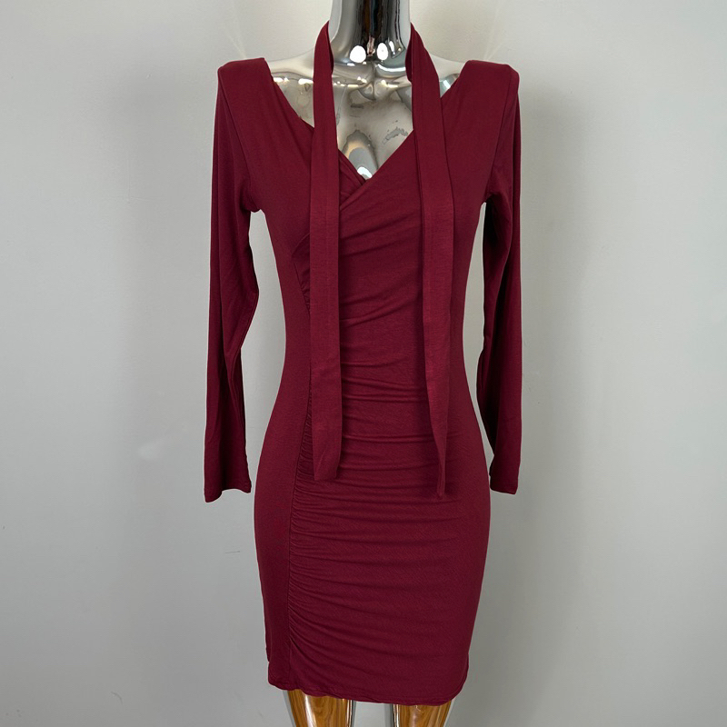 Charming V-Neck Off-Shoulder Dress with Flowing Ribbons and Ruched Bodycon Design - Korean Style Goddess Outfit for Women Charming V-Neck Off-Shoulder Dress with Flowing Ribbons and Ruched Bodycon Design - Korean Style Goddess Outfit for Women