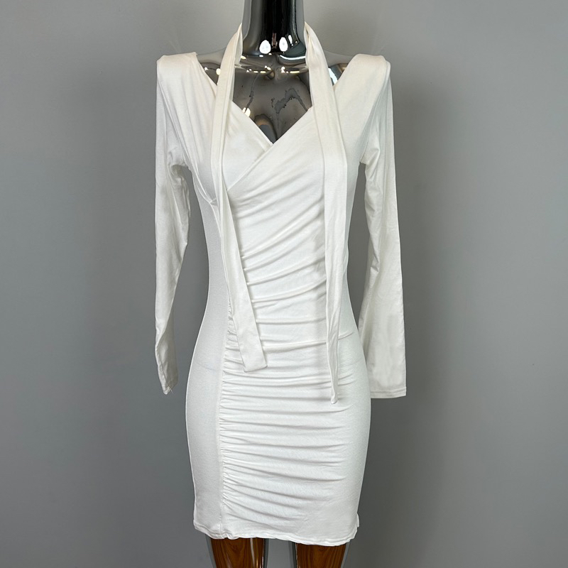 Charming V-Neck Off-Shoulder Dress with Flowing Ribbons and Ruched Bodycon Design - Korean Style Goddess Outfit for Women