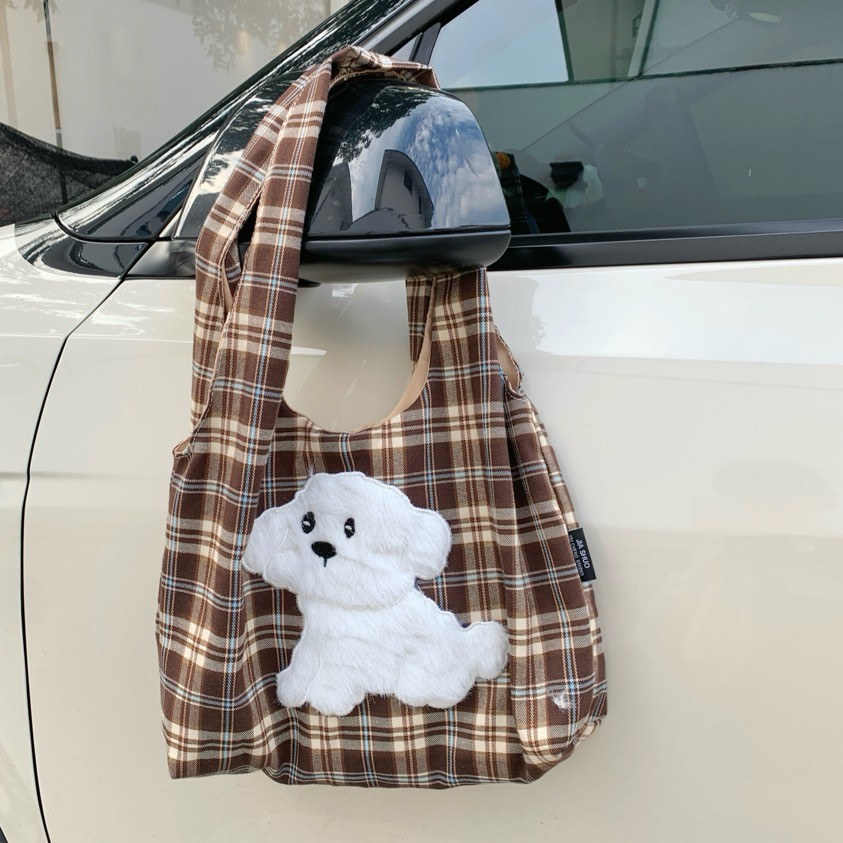 Checkered Puppy Shoulder Bag - Large Capacity Canvas Tote, Retro Korean Style Commuting Bag for Girls Checkered Puppy Shoulder Bag - Large Capacity Canvas Tote, Retro Korean Style Commuting Bag for Girls