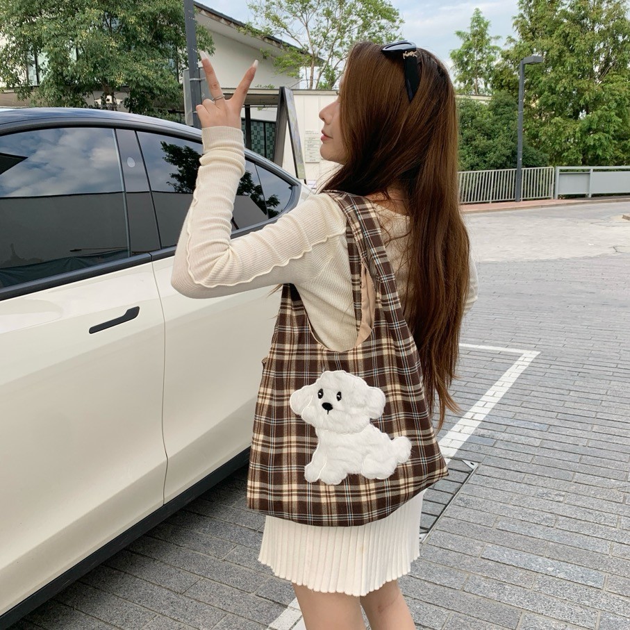 Checkered Puppy Shoulder Bag - Large Capacity Canvas Tote, Retro Korean Style Commuting Bag for Girls Checkered Puppy Shoulder Bag - Large Capacity Canvas Tote, Retro Korean Style Commuting Bag for Girls