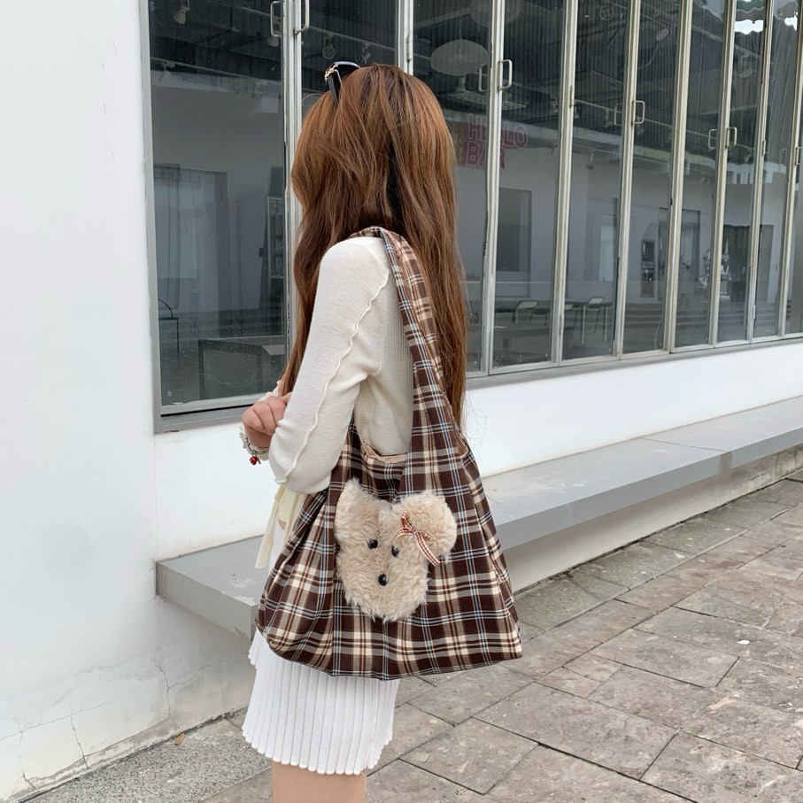 Checkered Puppy Shoulder Bag - Large Capacity Canvas Tote, Retro Korean Style Commuting Bag for Girls Checkered Puppy Shoulder Bag - Large Capacity Canvas Tote, Retro Korean Style Commuting Bag for Girls