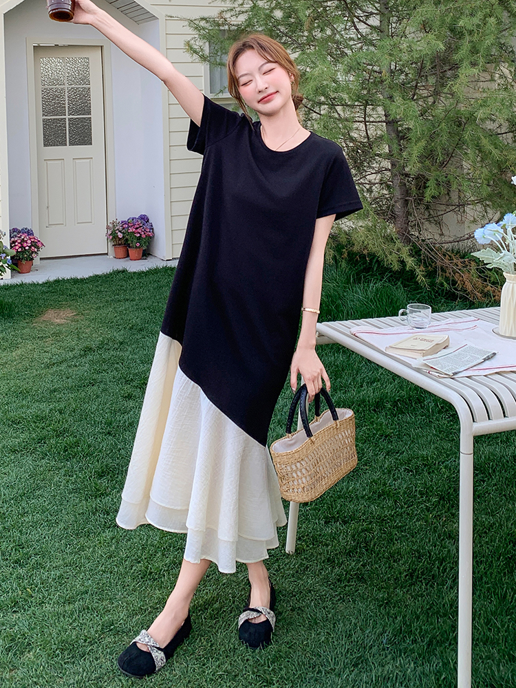 Chic Black T-Shirt Dress for Women - Summer Casual Spliced Fishtail Long Skirt, Relaxed Fit, Unique & Stylish Chic Black T-Shirt Dress for Women - Summer Casual Spliced Fishtail Long Skirt, Relaxed Fit, Unique & Stylish