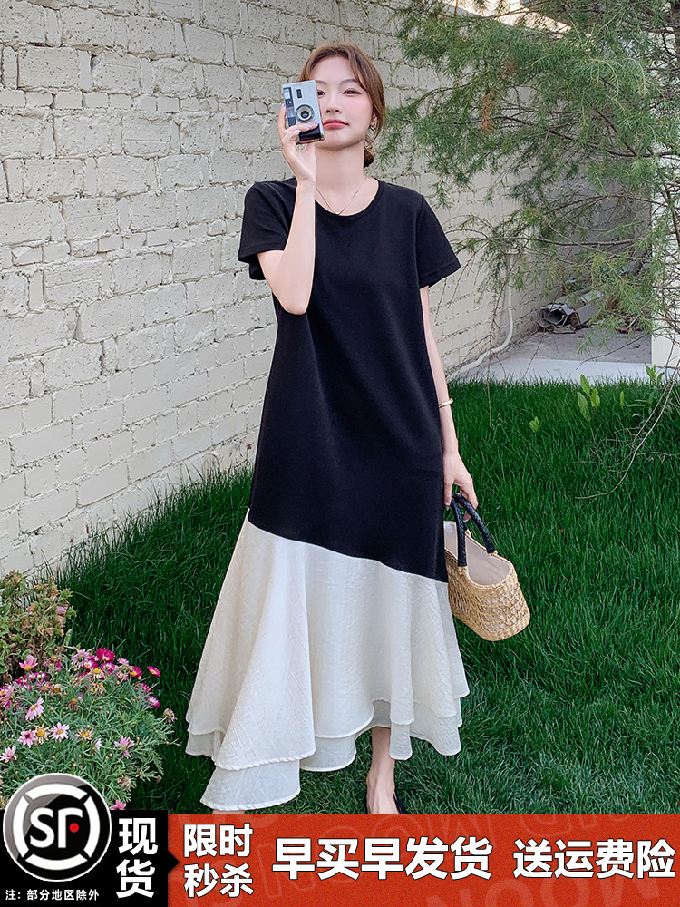 Chic Black T-Shirt Dress for Women - Summer Casual Spliced Fishtail Long Skirt, Relaxed Fit, Unique & Stylish Chic Black T-Shirt Dress for Women - Summer Casual Spliced Fishtail Long Skirt, Relaxed Fit, Unique & Stylish