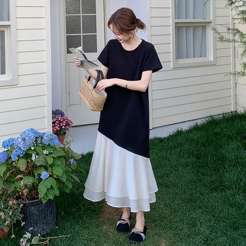 Chic Black T-Shirt Dress for Women - Summer Casual Spliced Fishtail Long Skirt, Relaxed Fit, Unique & Stylish Chic Black T-Shirt Dress for Women - Summer Casual Spliced Fishtail Long Skirt, Relaxed Fit, Unique & Stylish
