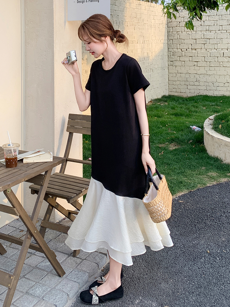 Chic Black T-Shirt Dress for Women - Summer Casual Spliced Fishtail Long Skirt, Relaxed Fit, Unique & Stylish Chic Black T-Shirt Dress for Women - Summer Casual Spliced Fishtail Long Skirt, Relaxed Fit, Unique & Stylish