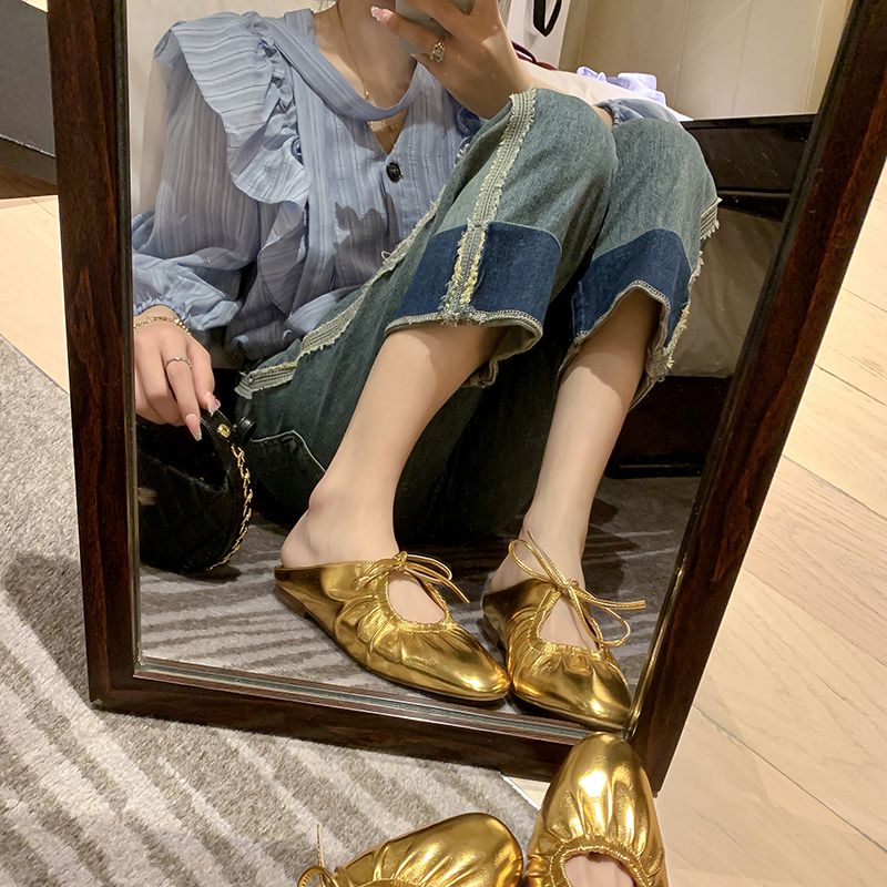 Chic French Pleated Lace-Up Open-Toe Half Slippers for Women - Flat Gold and Silver Mary Jane Shoes for Outdoor Style