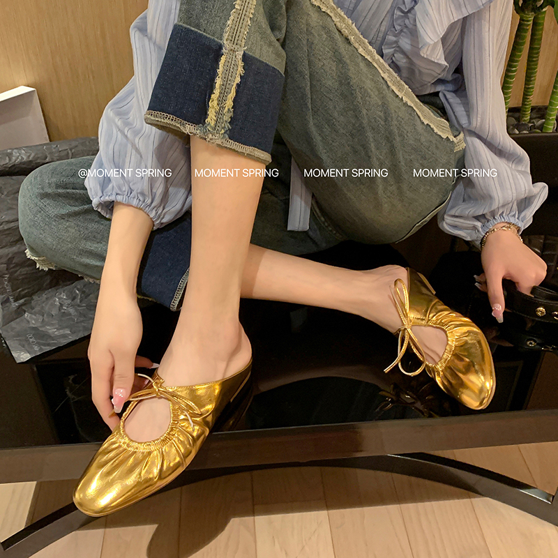 Chic French Pleated Lace-Up Open-Toe Half Slippers for Women - Flat Gold and Silver Mary Jane Shoes for Outdoor Style