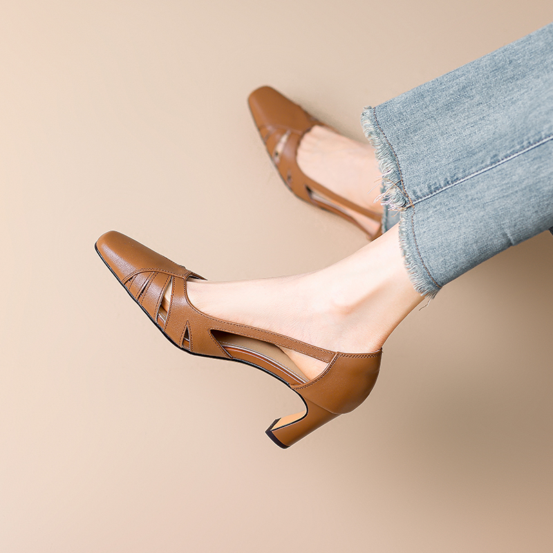 Chic French Vintage Genuine Leather Square-Toe Hollow Chunky Heel High Heels - Elegant Retro Style Shoes Chic French Vintage Genuine Leather Square-Toe Hollow Chunky Heel High Heels - Elegant Retro Style Shoes