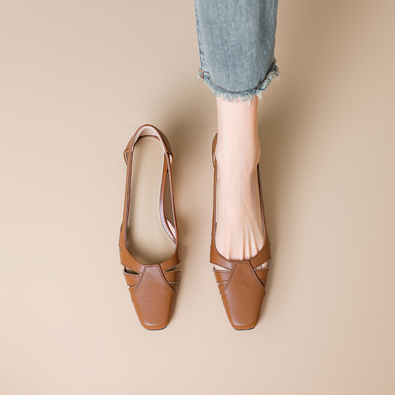 Chic French Vintage Genuine Leather Square-Toe Hollow Chunky Heel High Heels - Elegant Retro Style Shoes