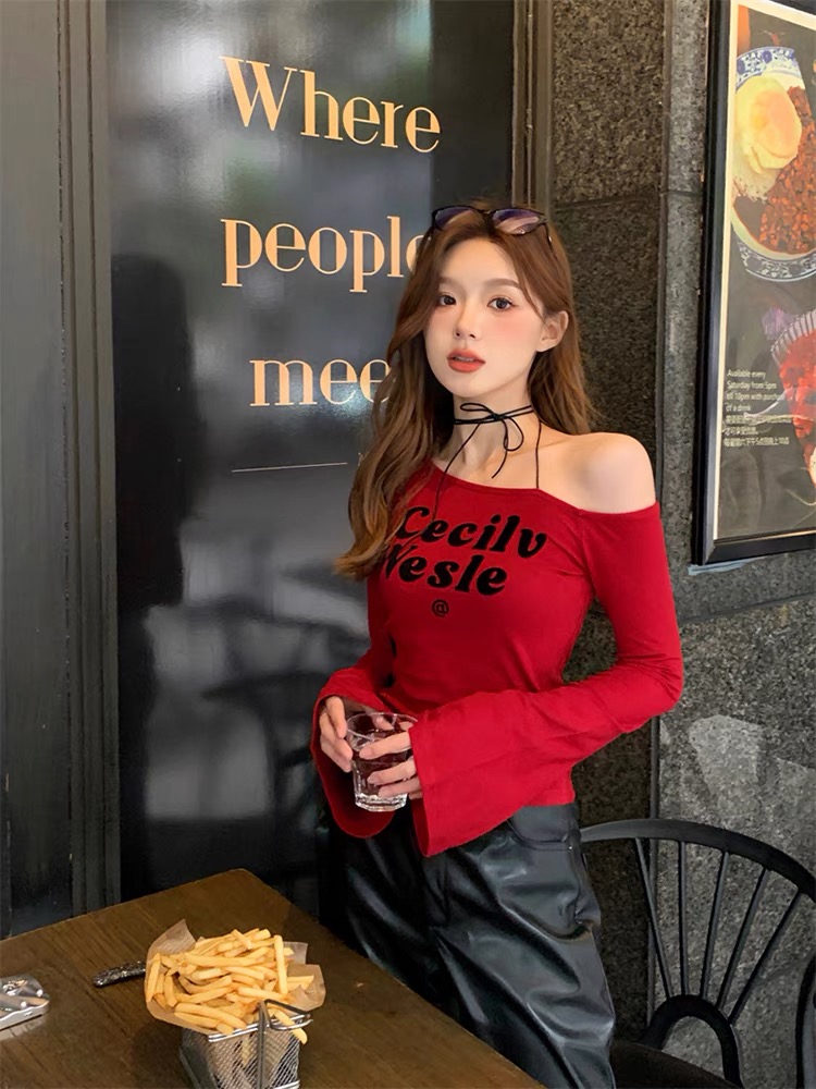 Chic Off-Shoulder Long Sleeve Top in Jazz Red - Sweet and Spicy K-Pop Style for Music Festivals and Trendy Outings