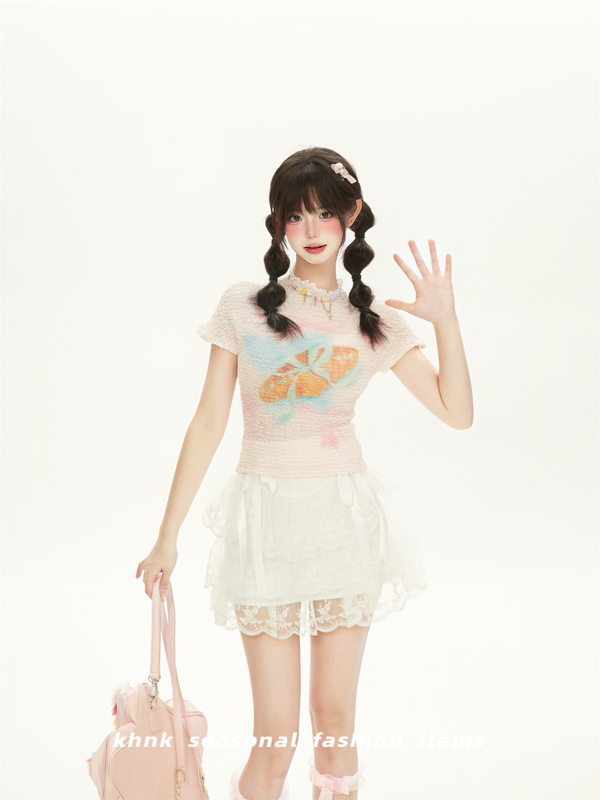 Chic Pink Printed High-Elastic Slim Short-Sleeve T-Shirt for Women with Ruffled Edges - Perfect Summer Top for Sweet Girl Style