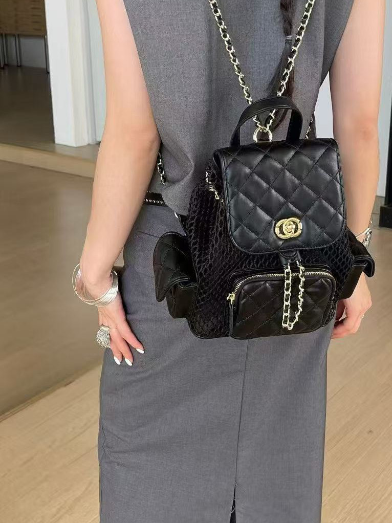 Chic Quilted Mesh Chain Backpack - Versatile Shoulder Bag for Commuters, Inspired by 90s Fashion Trends Chic Quilted Mesh Chain Backpack - Versatile Shoulder Bag for Commuters, Inspired by 90s Fashion Trends