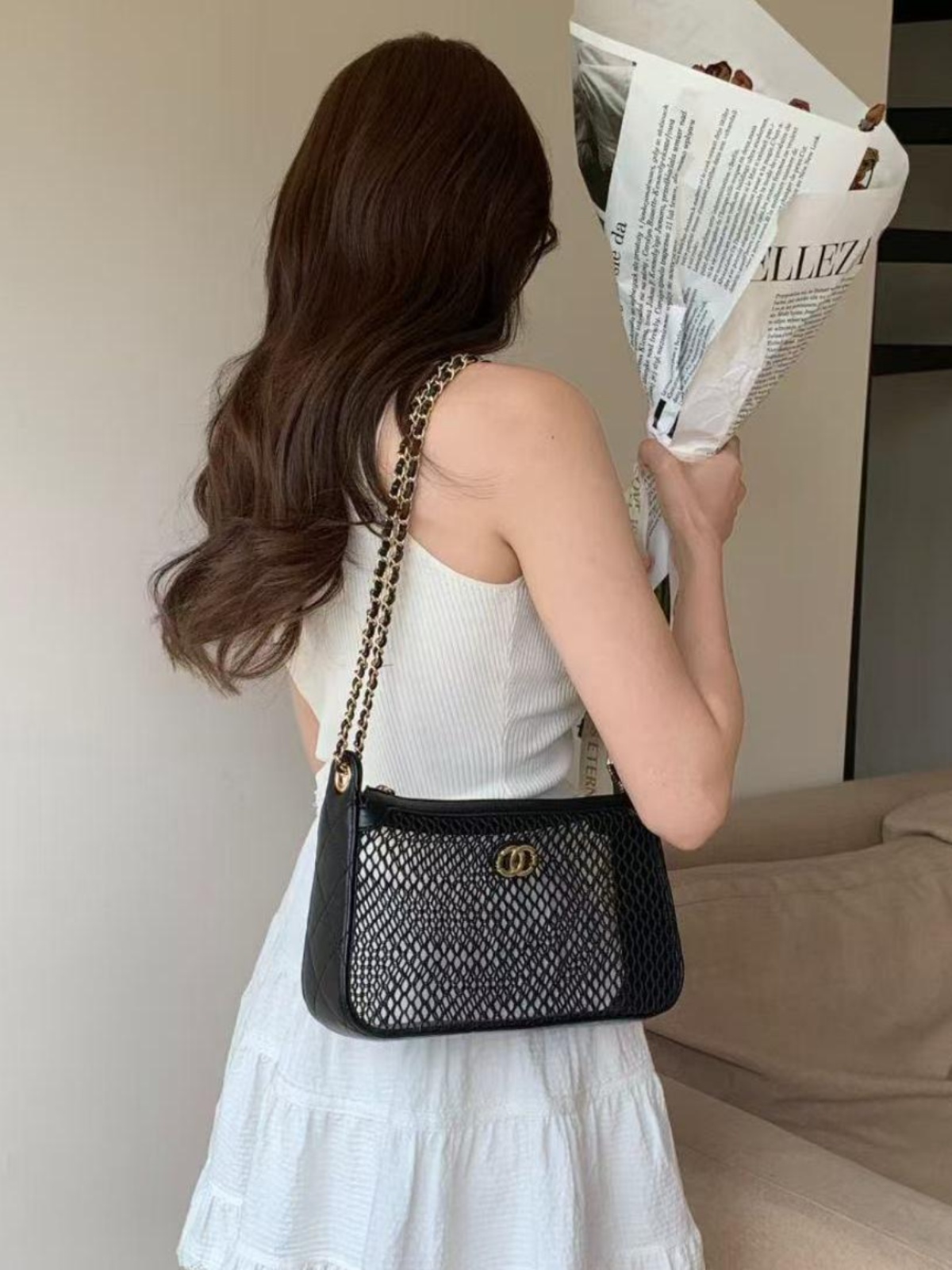 Chic Women's Hollow Mesh Chain Shoulder Bag - Versatile Crossbody in Trendy Chanel-Style for Spring & Summer Chic Women's Hollow Mesh Chain Shoulder Bag - Versatile Crossbody in Trendy Chanel-Style for Spring & Summer