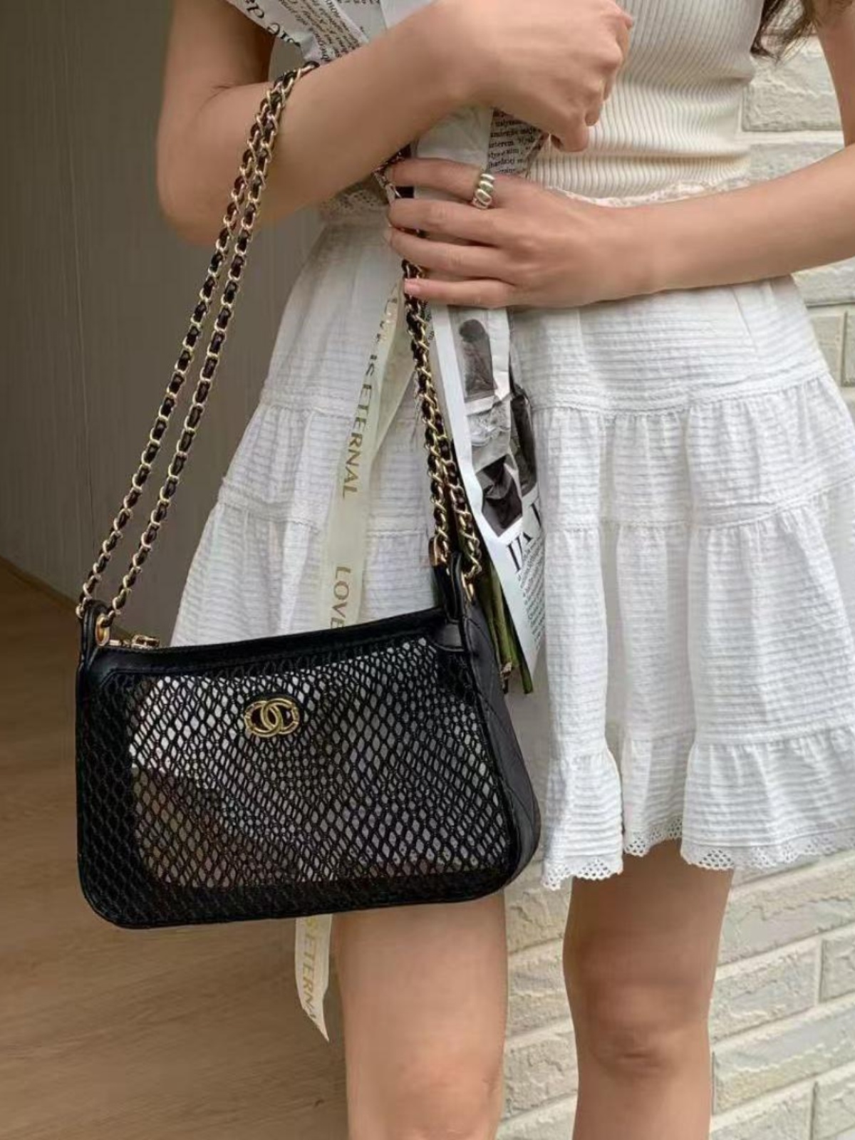 Chic Women's Hollow Mesh Chain Shoulder Bag - Versatile Crossbody in Trendy Chanel-Style for Spring & Summer Chic Women's Hollow Mesh Chain Shoulder Bag - Versatile Crossbody in Trendy Chanel-Style for Spring & Summer