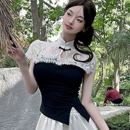 Chinese-Style Improved Cheongsam Lace Top with Women's Half Skirt - Wellness Spa Technician Uniform for Foot Bath Services