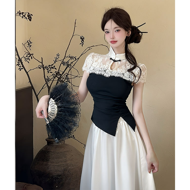 Chinese-Style Improved Cheongsam Lace Top with Women's Half Skirt - Wellness Spa Technician Uniform for Foot Bath Services