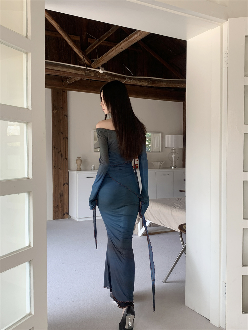 Chinese-Style Printed Mesh One-Shoulder Dress for Women - Spring Waist-Cinching Body-Hugging Mermaid Skirt, Chic and Charming Chinese-Style Printed Mesh One-Shoulder Dress for Women - Spring Waist-Cinching Body-Hugging Mermaid Skirt, Chic and Charming