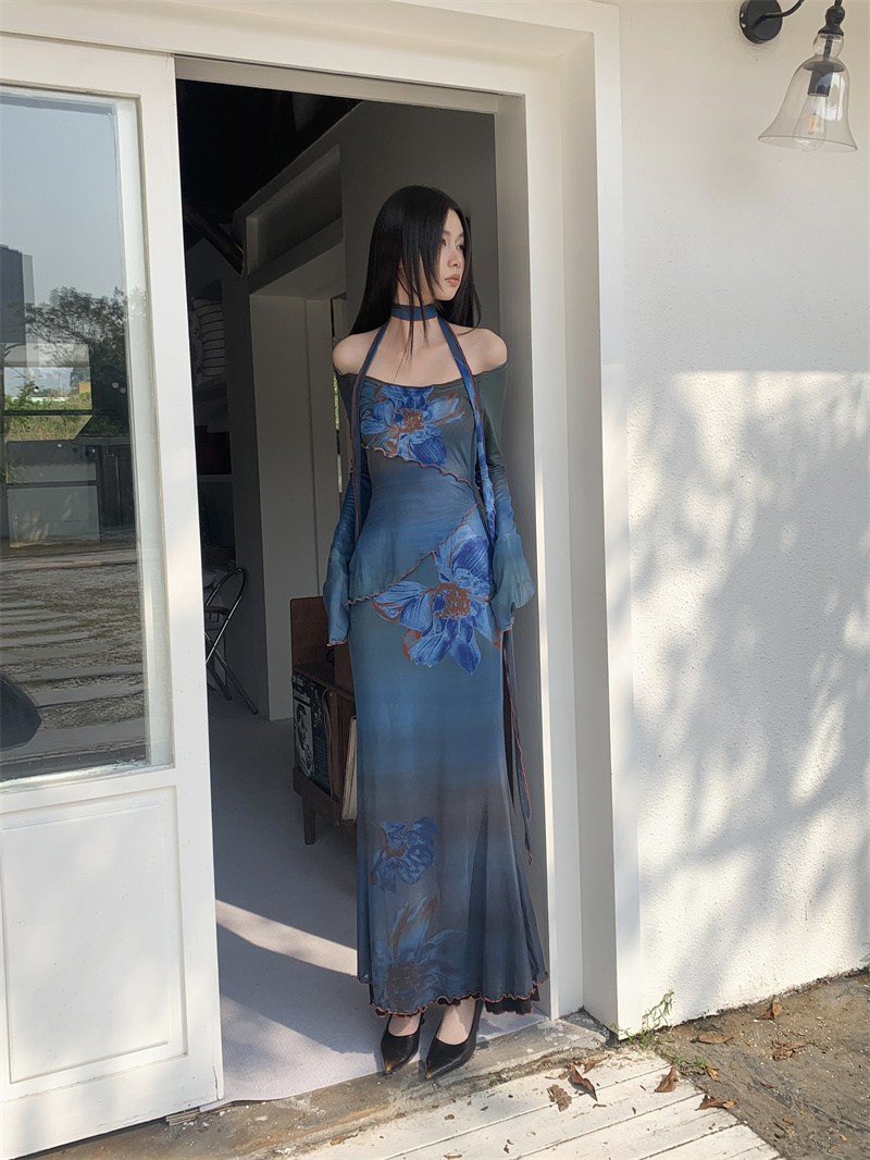 Chinese-Style Printed Mesh One-Shoulder Dress for Women - Spring Waist-Cinching Body-Hugging Mermaid Skirt, Chic and Charming Chinese-Style Printed Mesh One-Shoulder Dress for Women - Spring Waist-Cinching Body-Hugging Mermaid Skirt, Chic and Charming