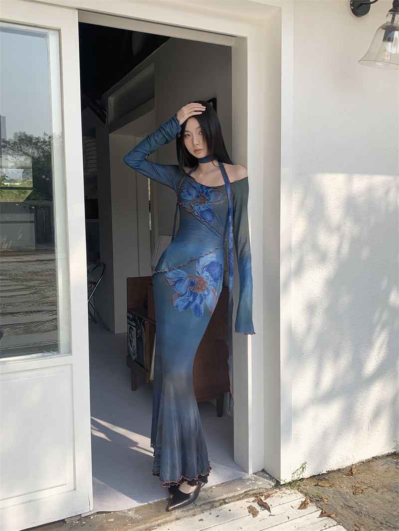 Chinese-Style Printed Mesh One-Shoulder Dress for Women - Spring Waist-Cinching Body-Hugging Mermaid Skirt, Chic and Charming Chinese-Style Printed Mesh One-Shoulder Dress for Women - Spring Waist-Cinching Body-Hugging Mermaid Skirt, Chic and Charming