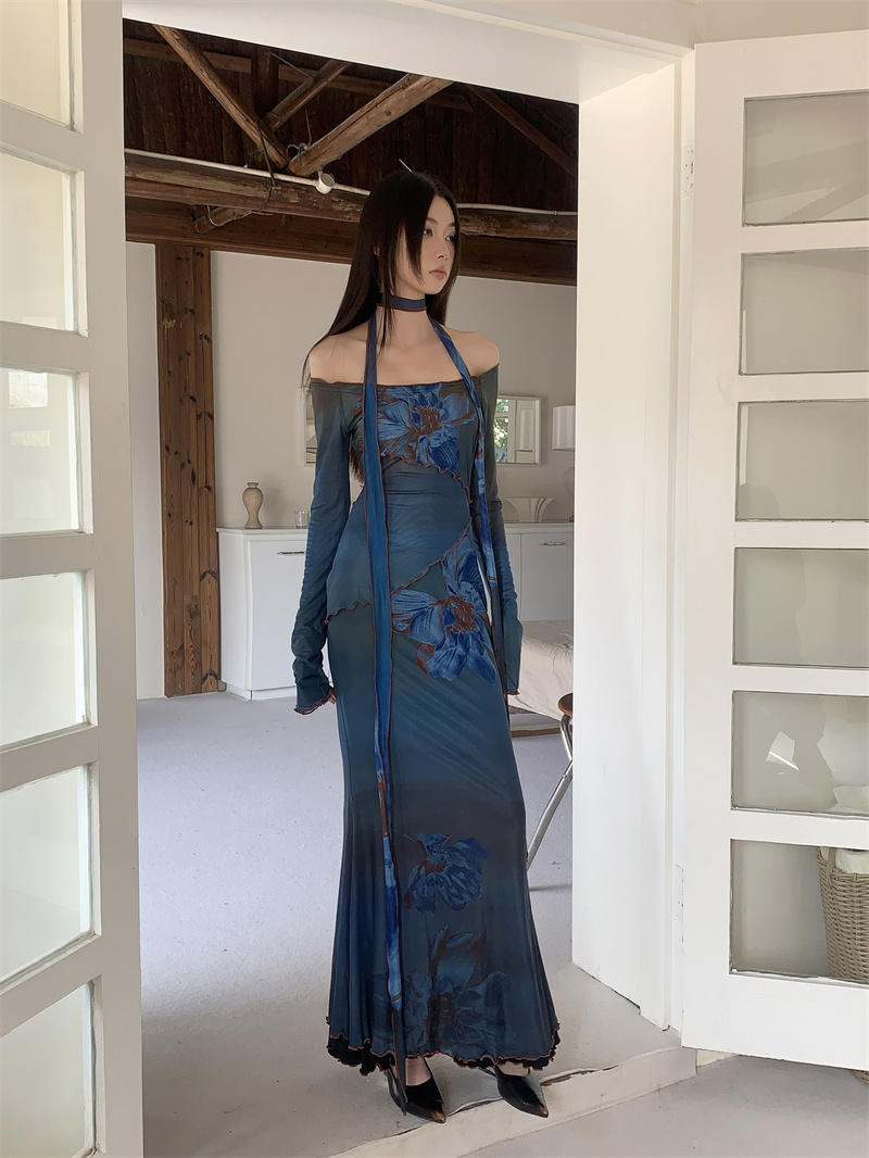 Chinese-Style Printed Mesh One-Shoulder Dress for Women - Spring Waist-Cinching Body-Hugging Mermaid Skirt, Chic and Charming