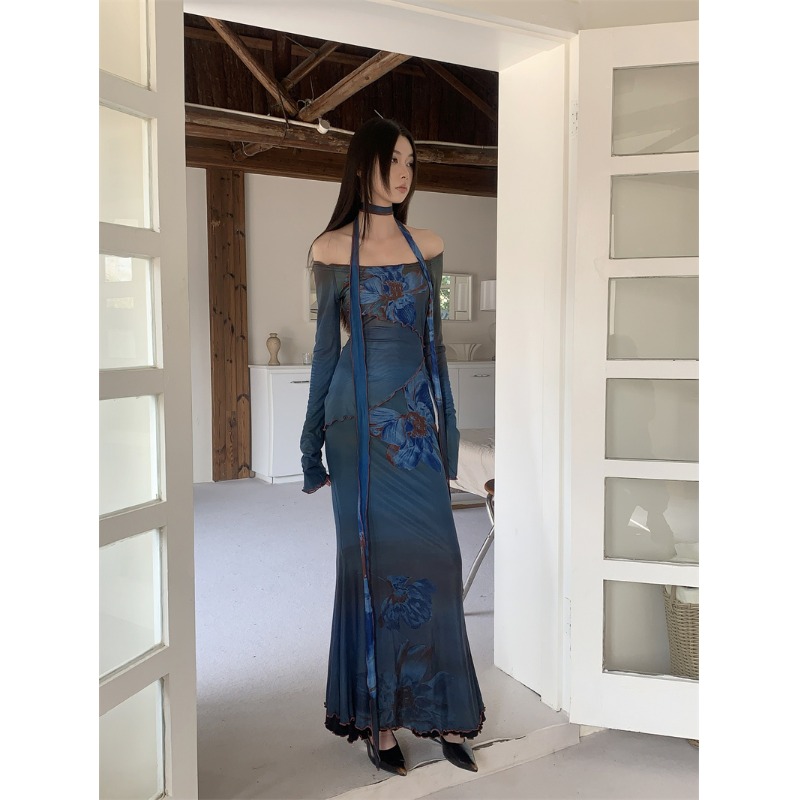 Chinese-Style Printed Mesh One-Shoulder Dress for Women - Spring Waist-Cinching Body-Hugging Mermaid Skirt, Chic and Charming