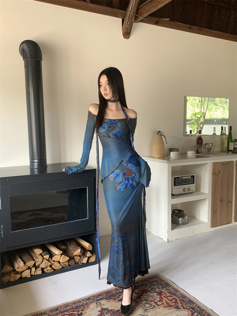 Chinese-Style Printed Mesh One-Shoulder Dress for Women - Spring Waist-Cinching Body-Hugging Mermaid Skirt, Chic and Charming Chinese-Style Printed Mesh One-Shoulder Dress for Women - Spring Waist-Cinching Body-Hugging Mermaid Skirt, Chic and Charming