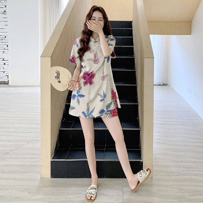 Chinese-Style Printed Satin Qipao Dress Set for Women - Summer Old Money Aesthetic Two-Piece Outfit with Shorts