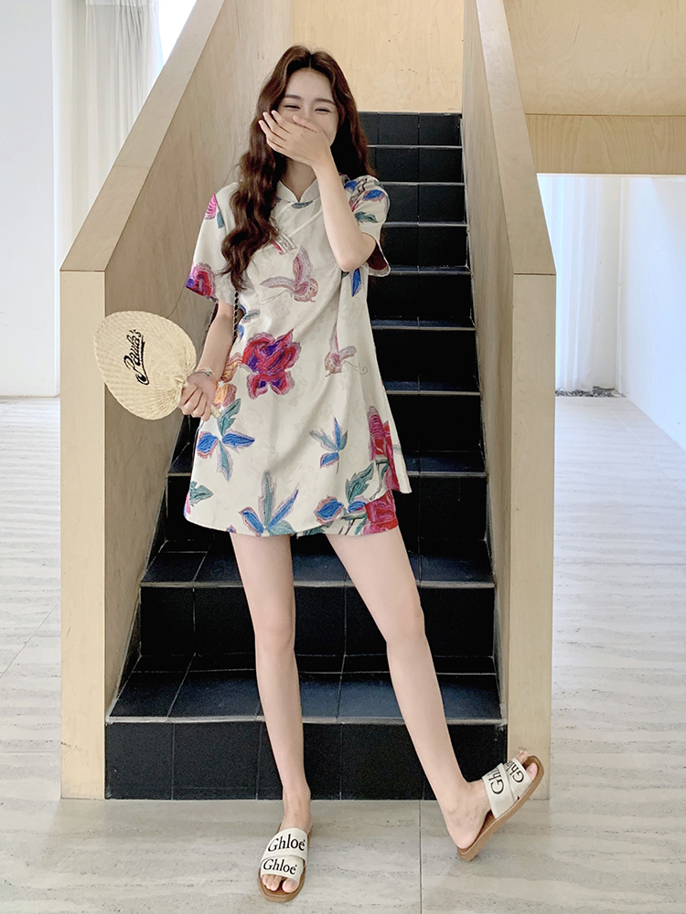 Chinese-Style Printed Satin Qipao Dress Set for Women - Summer Old Money Aesthetic Two-Piece Outfit with Shorts