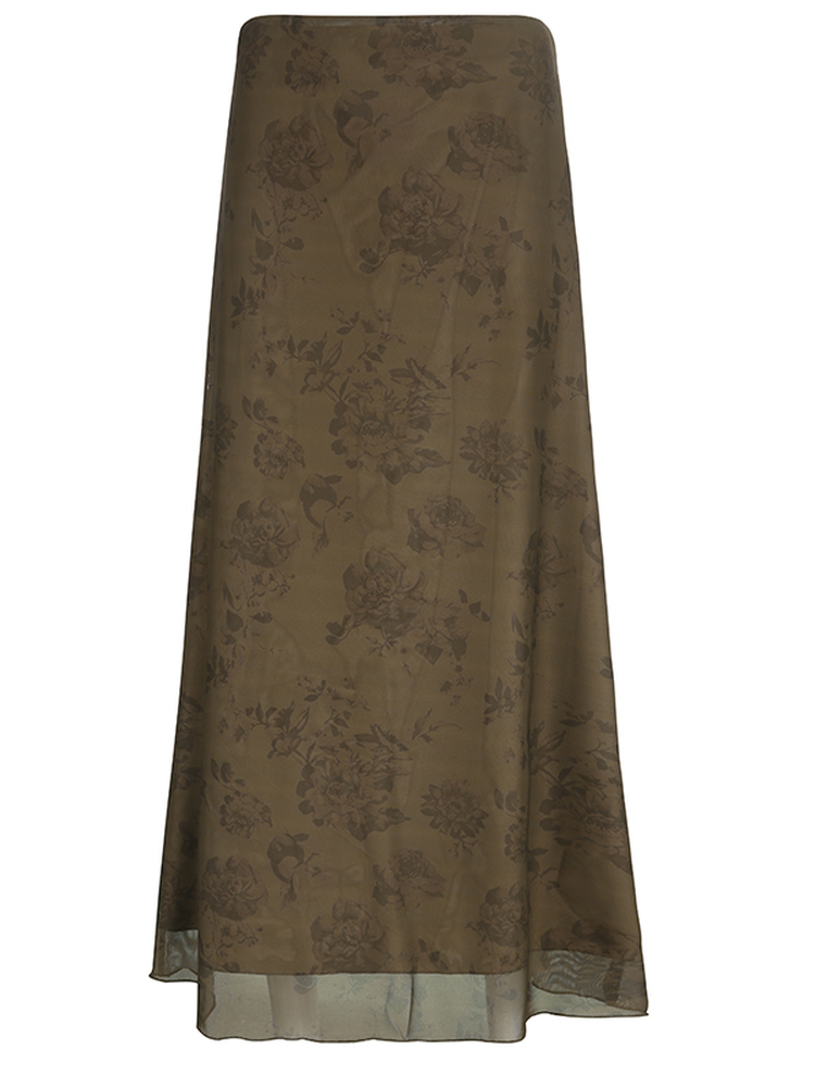 Chinese-Style Retro Floral Printed Brown Midi Skirt for Women, Simple Versatile Tulle A-line Long Skirt, Y2K Fashion Essential Chinese-Style Retro Floral Printed Brown Midi Skirt for Women, Simple Versatile Tulle A-line Long Skirt, Y2K Fashion Essential