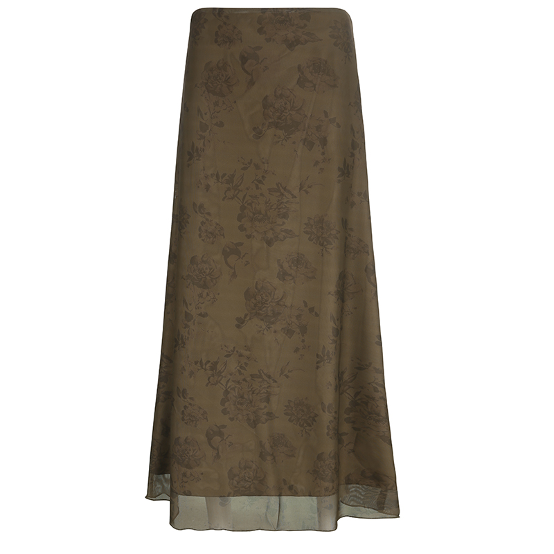 Chinese-Style Retro Floral Printed Brown Midi Skirt for Women, Simple Versatile Tulle A-line Long Skirt, Y2K Fashion Essential